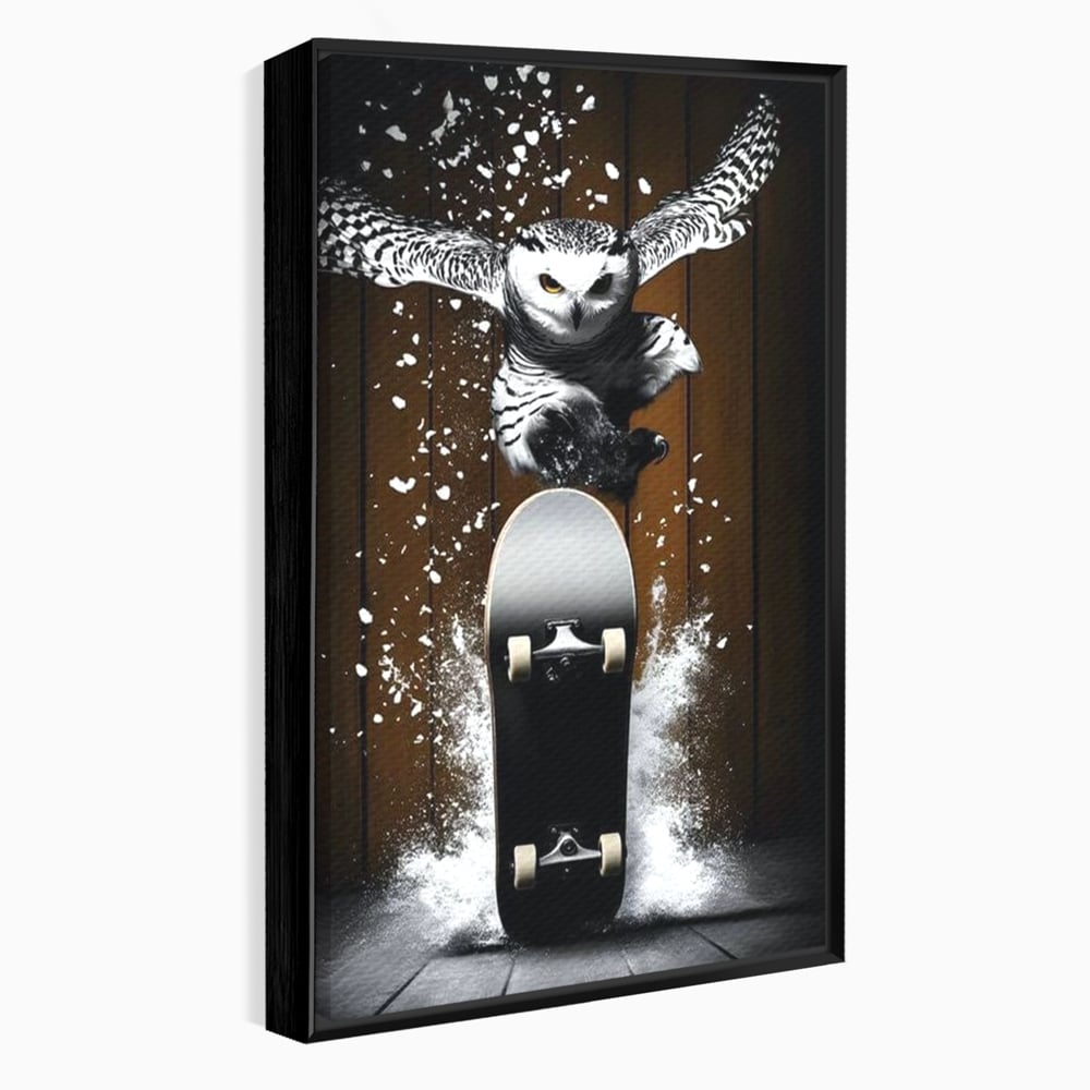 Tablou canvas cu tablou canvas cu bufnita pe skateboard, in rama de aluminiu negru